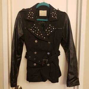 Blu Kanvas Trench with Leather Sleeves and Studs